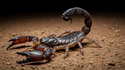 A scorpion on a sandy ground with a dark background.