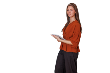 Businesswoman holding tablet, smiling at camera, presenting information, digital communication, isolated on transparent background