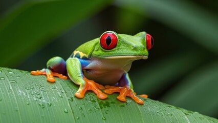 Naklejka premium A green frog with red eyes sitting on a green leaf with water droplets.