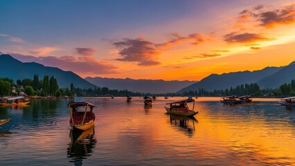 Boats floating on a calm lake with mountains in the background at sunset.