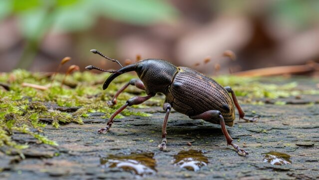 A weevil on a tree trunk with moss and leaves in the background.