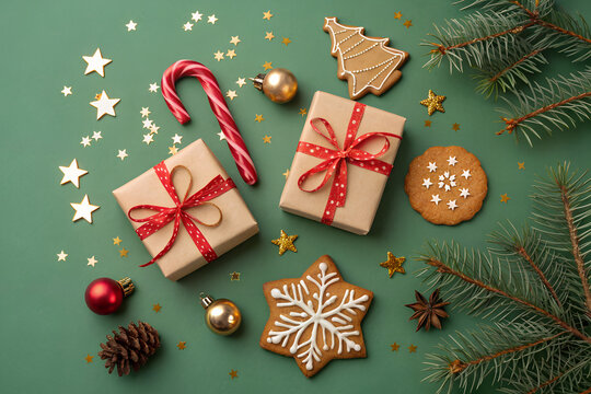 Christmas flat lay on green background, gift boxes with red ribbons, gingerbread cookies, candy cane, pine branches, shiny ornaments, golden stars, warm holiday mood, bright decorative layout, clean p