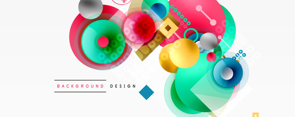Abstract geometric shapes overlap, creating vibrant colorful design. Circles, squares, lines form modern background pattern.