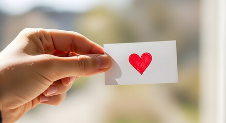Fototapeta premium A hand holding a white card with a red heart drawn on it against a blurred background of light color