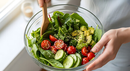 Person holding a glass bowl filled with a colorful salad and stirring with a wooden spoon inside