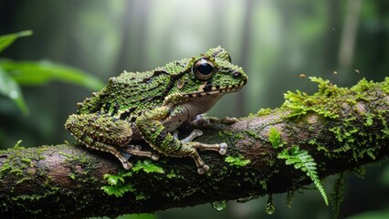 Obraz premium A green frog perched on a mossy branch in a lush, green forest.
