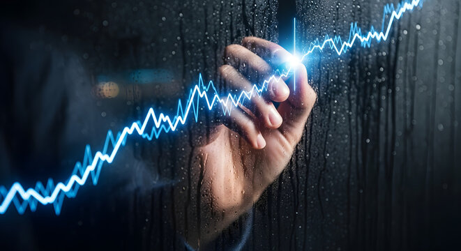 Hand drawing a glowing line graph on a wet glass surface in a dark and moody environment