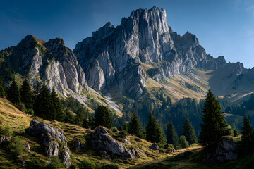 Fototapeta premium view to the alpenalp rocks in the alpstein mountains