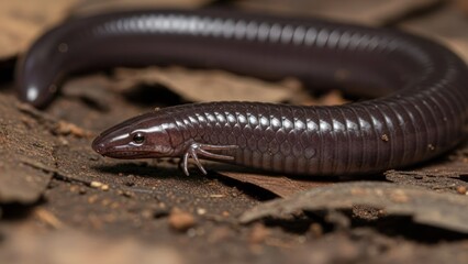 Fototapeta premium A black snake with a smooth, elongated body and a segmented tail, resting on a wooden surface with a natural, earthy background.