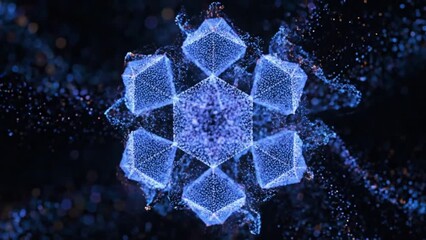 Abstract blue geometric snowflake pattern with swirling particles, futuristic digital art - Powered by Adobe