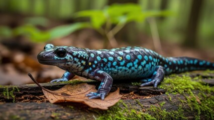 Fototapeta premium A colorful salamander with blue and black spots on a mossy log in a forest setting.