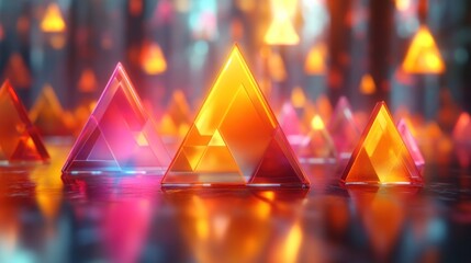 Abstract, glowing, triangular prisms, vibrant colors