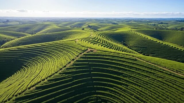 Expansive Lush Green Rolling Hills Planted With Rows Of Trees Under Bright Sunlight And Blue Sky