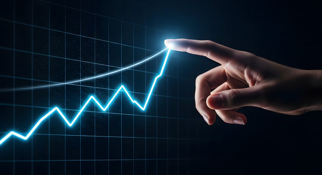 A hand touching a bright blue line graph on a grid against a dark background symbolizing success