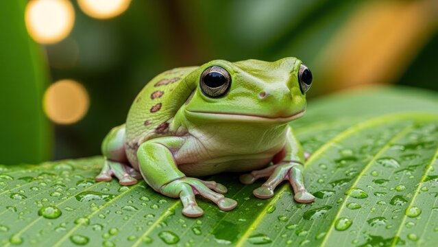 A green frog with brown spots sitting on a green leaf with water droplets.