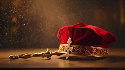 Close-up of a red mitre with gold cross and scepter on a wooden surface with warm cinematic lighting.