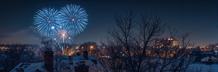 Blue fireworks exploding over snowy winter city nightscape with illuminated buildings and bare trees in the foreground