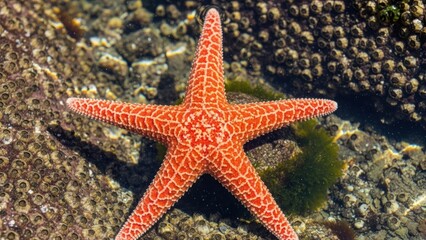 A vibrant orange starfish with white patterns rests on a rocky substrate with green algae and brown rocks.