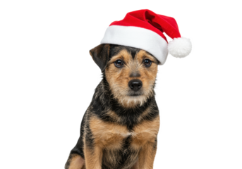 small scruffy black and tan terrier mix puppy in an askew red santa hat, sitting on a high-key white background with copy space, exaggerated melancholic expression. christmas holiday pet concept