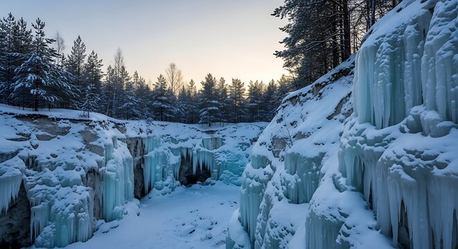 Frozen Waterfall and Icicles in Snowy Forest Ravine winter