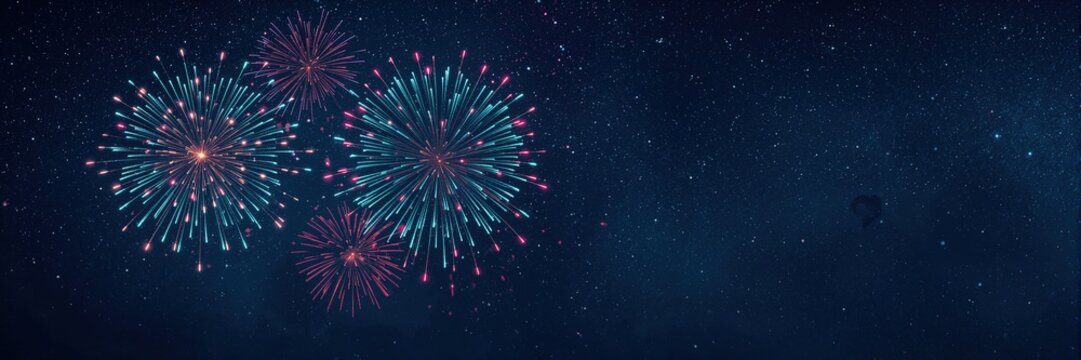 Colorful fireworks burst against starry night sky for celebration, holiday events, new year, and festive occasions