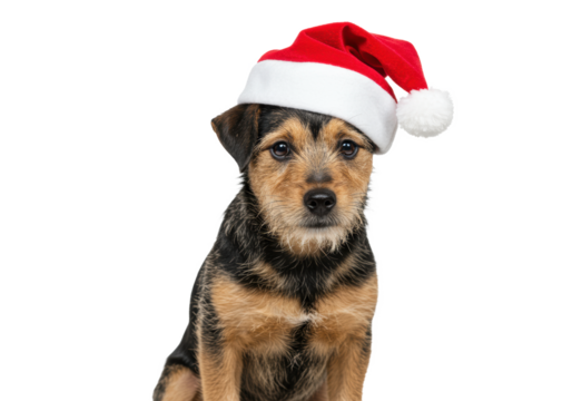 small scruffy black and tan terrier mix puppy in an askew red santa hat, sitting on a high-key white background with copy space, exaggerated melancholic expression. christmas holiday pet concept