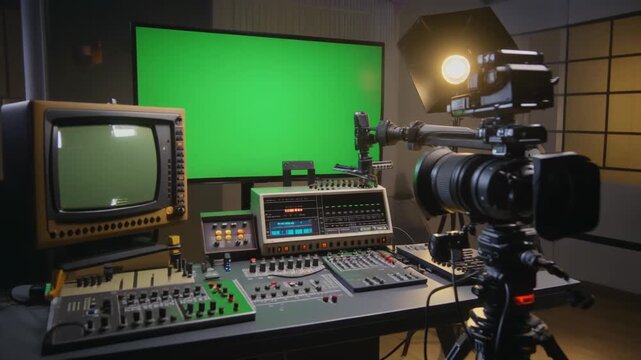 Retro 80s/90s broadcast studio control room with vintage audio mixing equipment, professional camera, and large green screen monitor for chroma key compositing.