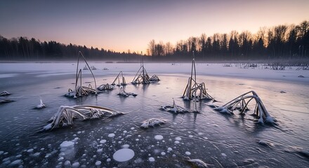Frozen Reeds and Bubbles on Icy Lake at Sunrise winter