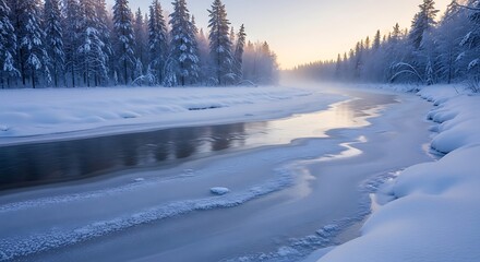 Frozen river flowing through a snow-covered forest at sunrise with mist winter