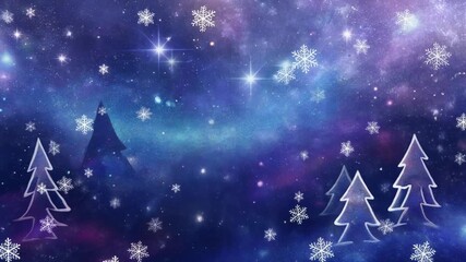 Magical winter night background with glowing Christmas trees, falling snow, and twinkling stars on a deep space nebula. - Powered by Adobe
