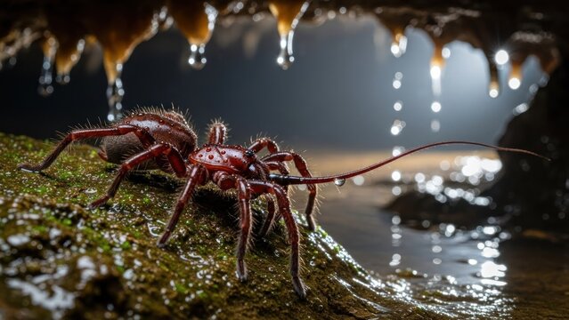 A red spider with long legs and a long, curved tail, perched on a mossy rock in a cave with dripping water.