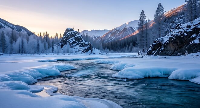 Frozen river flowing through a snow-covered mountain valley at dawn winter mountains