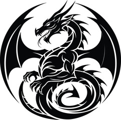 Black dragon silhouette in a circle shape, tribal style vector illustration of mythical beast with wings and claws for tattoo or logo design