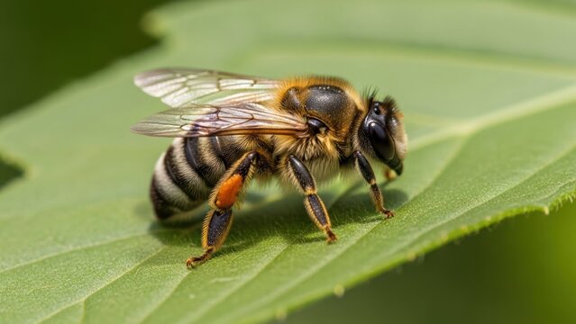 A honey bee on a green leaf with a blurred green background.