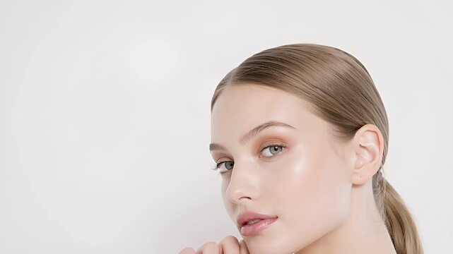 柔らかなハイキー照明が若い白人女性の滑らかな素肌を際立たせた、超リアルなクローズアップ映像。
純白の背景とミニマルなナチュラルメイクが透明感と清潔感を強調し、コスメ広告やスキンケア紹介に最適。