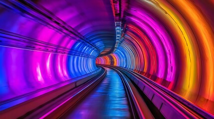 Long exposure shot of a modern, futuristic tunnel with vibrant, flowing light trails and a central track, creating a dynamic and colorful abstract background.