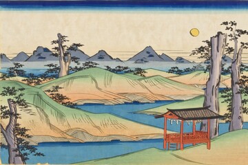 Traditional Japanese Landscape with Pavilion and Mountain Vista - Ukiyo-e Style