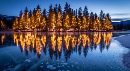 Trees decorated with lights reflecting on frozen lake at dusk creating a festive winter scene