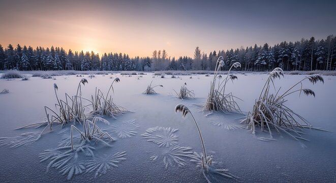 Frozen lake with frost patterns and reeds at sunrise winter snow