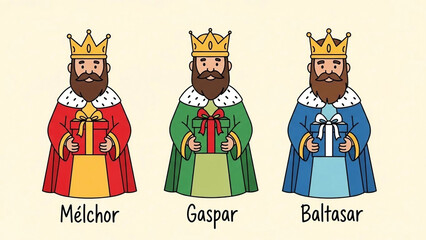 Three Kings Melchor Gaspar Baltasar holding gifts wearing crowns and robes image