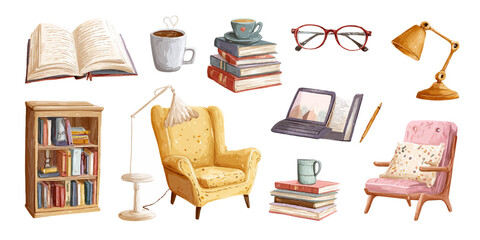 Cozy reading nook with armchair bookshelf lamp and books illustration © DARK TRUST