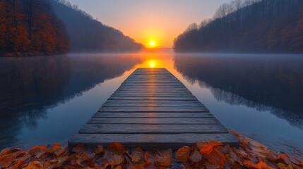 Autumn sunrise over a tranquil lake, wooden dock