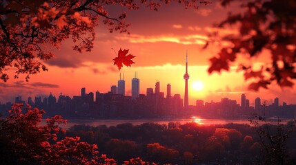 Autumn sunset over Toronto skyline framed by trees