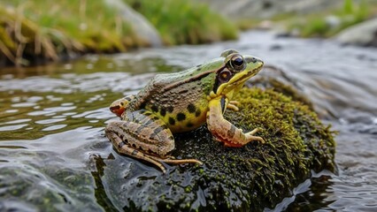 Obraz premium A green frog with yellow legs and spots sitting on a mossy rock in a river.