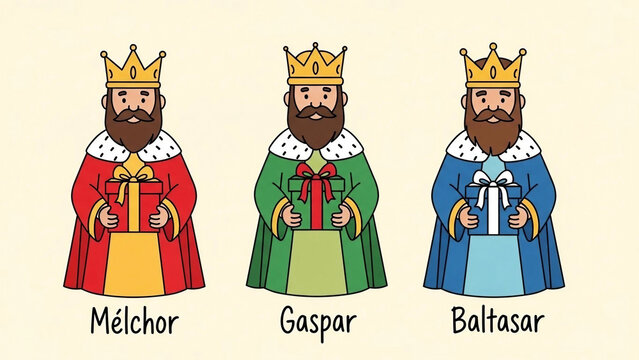 Three Kings Melchor Gaspar Baltasar holding gifts wearing crowns and robes image