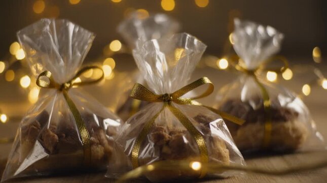 Close-up of three small clear bags filled with nuts tied with gold ribbons on a wooden surface with warm bokeh lights
