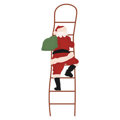 Santa Claus climbing a ladder with a green sack over his shoulder. Whimsical Christmas character in festive action pose.Perfect for holiday design and seasonal content © Iryna