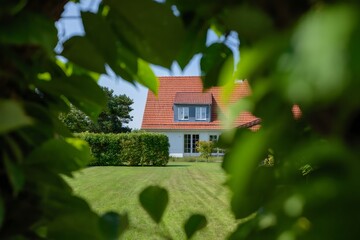 Charming House Through Lush Greenery - Suburban Home with Red Roof and Manicured Lawn