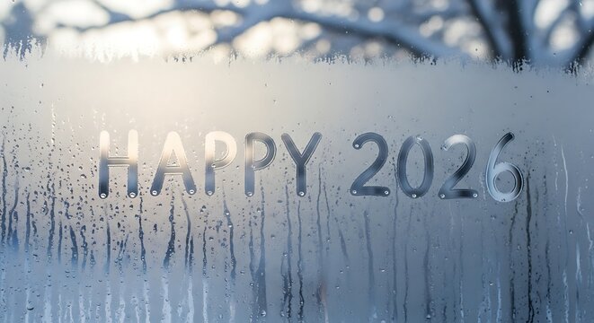 Happy year two thousand twenty six written on a foggy window with water droplets and blurred background - Powered by Adobe