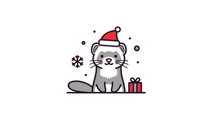 Obraz premium Festive Ferret Adorable Christmas Pet Illustration with Santa Hat and Holiday Gift